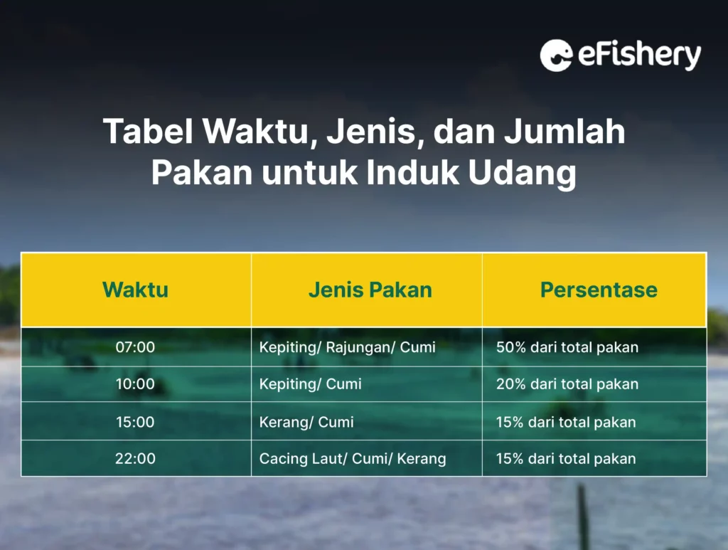 tabel waktu jenis dan jumlah pakan untuk induk udang