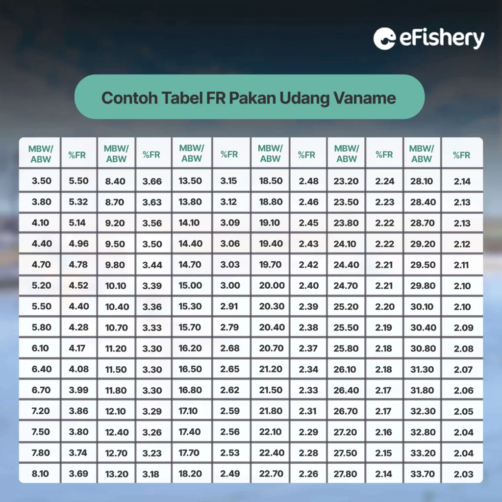 contoh tabel fr pakan udang vaname untuk menghitung pakan harian udang