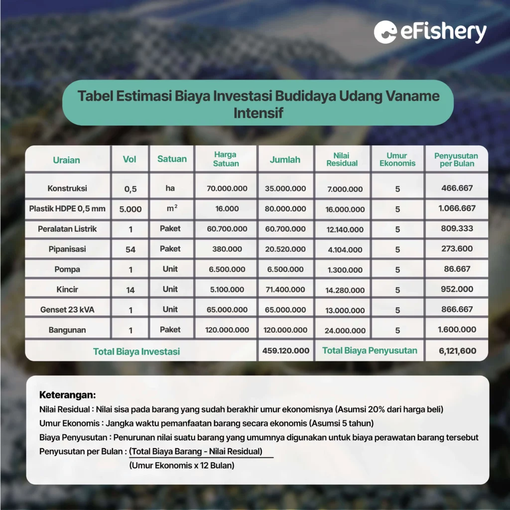 biaya investasi budidaya udang vaname intensif